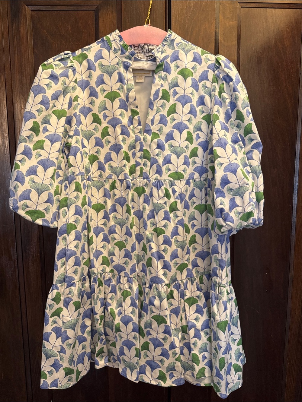 Tiered Puff-Sleeve Floral Dress in Blue & Green